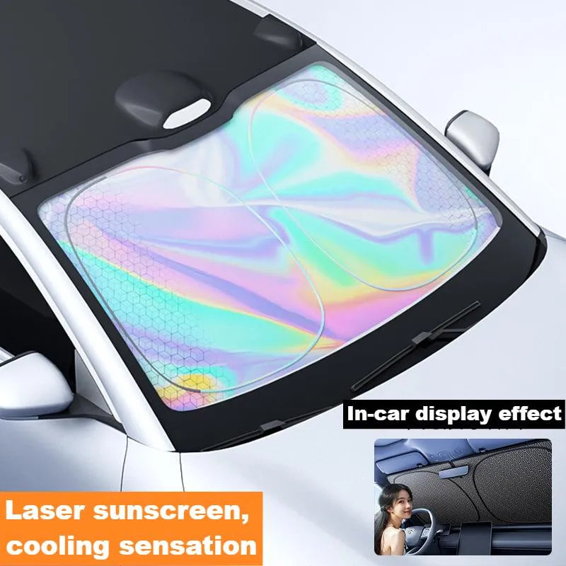 Car Windshield Sunshade - Car with iridescent laser sunshade on windshield; inset shows in-car view of the sunshade behind a woman at the steering wheel.