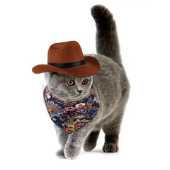 Scarf - Gray cat wearing a brown cowboy hat and a dark paisley patterned bandana, walking on a white background