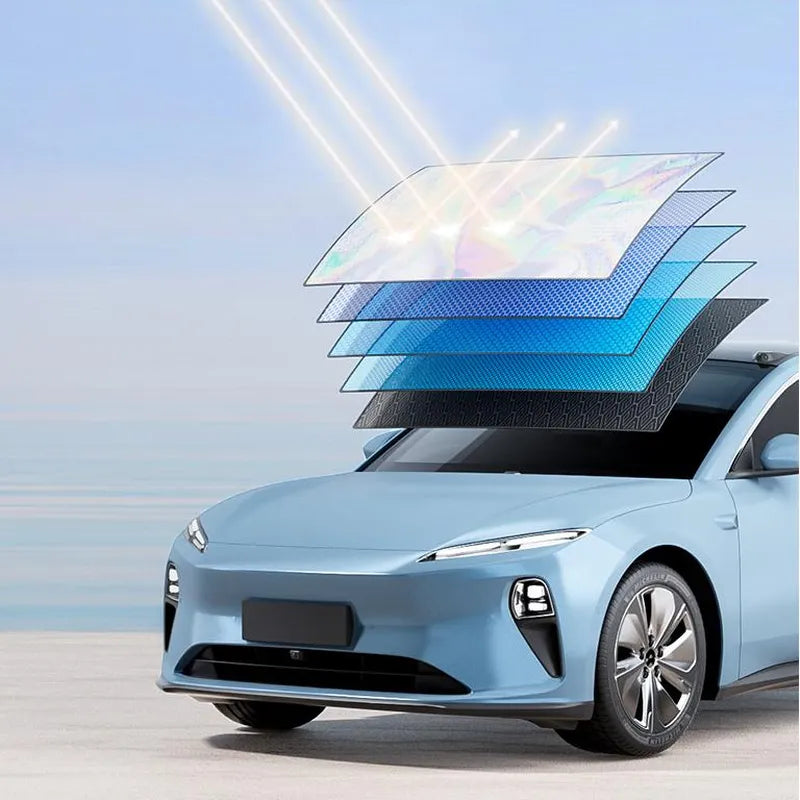 Car Windshield Sunshade - Light blue sedan with stacked layered windshield sections reflecting incoming sunlight rays