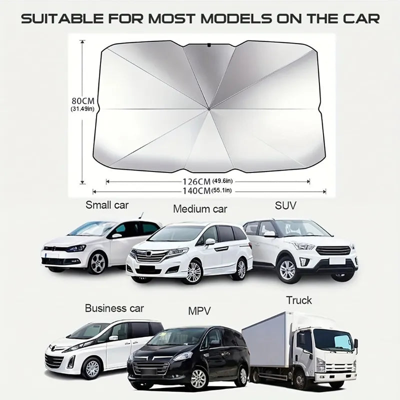 Car Windshield Sunshade - Diagram of umbrella-style car sunshade with dimensions, above illustrations of different vehicle types it fits