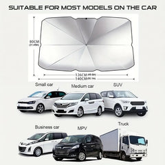Car Windshield Sunshade - Diagram of umbrella-style car sunshade with dimensions, above illustrations of different vehicle types it fits
