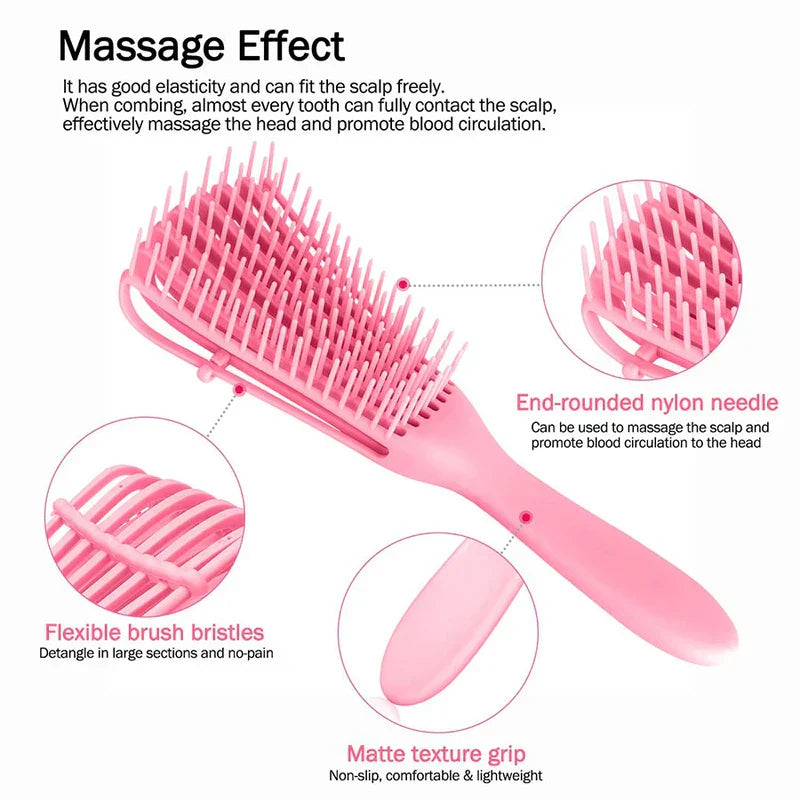 Hair Comb - Pink detangling hairbrush showing close-up details of its bristles, flexible frame, and matte handle grip, with descriptive text.
