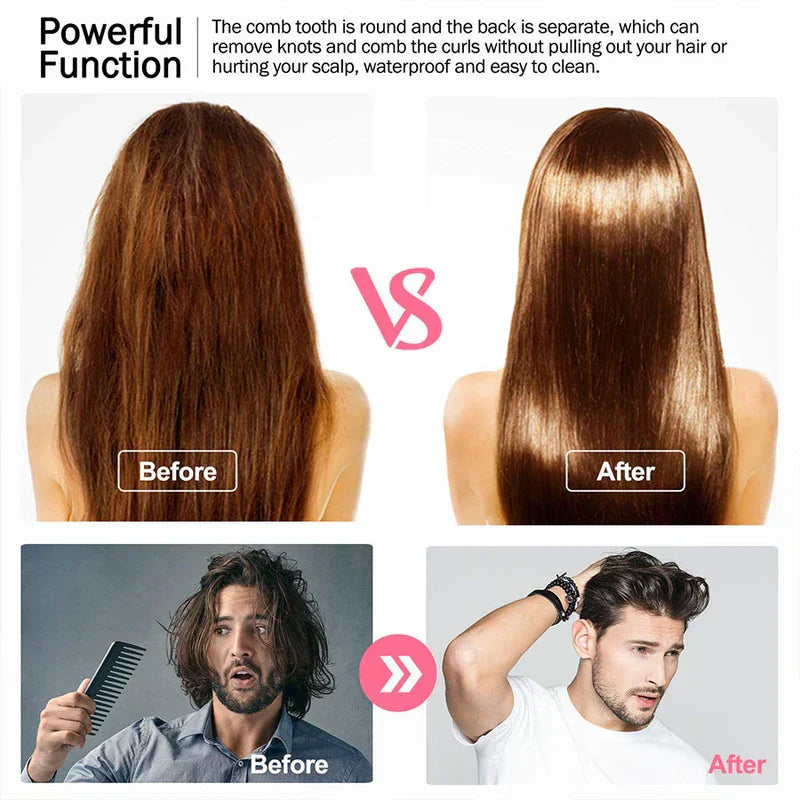 Hair Comb - Comparison graphic showing hair before and after detangling, split into four panels with text and arrow symbols