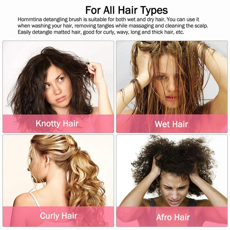 Hair Comb - Four-panel grid showing different hair types, with descriptive text above the panels