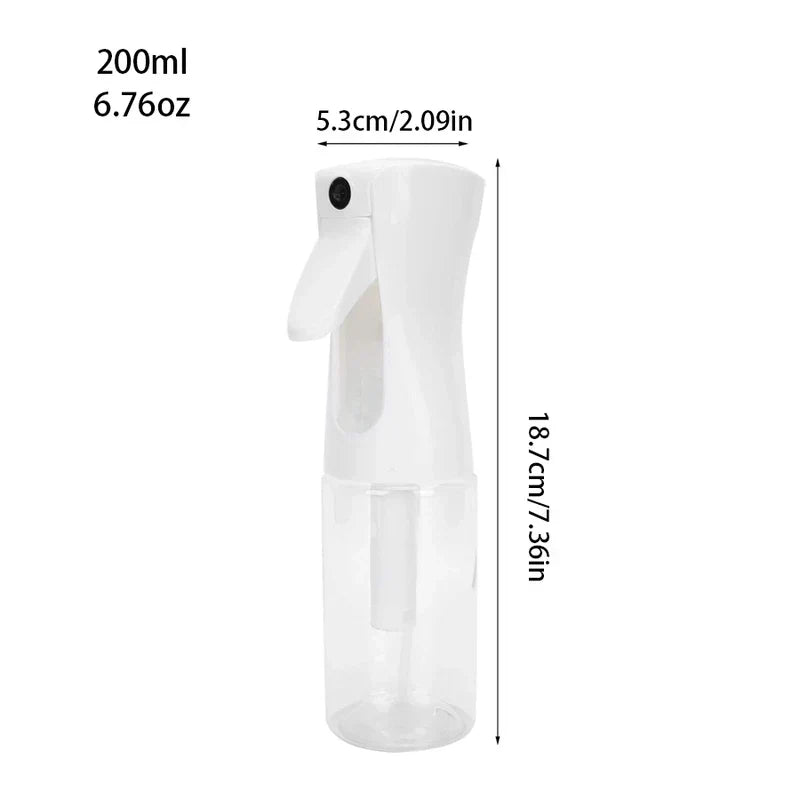 Oil Sprayer - White continuous spray bottle, 200ml capacity, with width and height measurements marked against a white background.