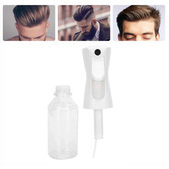 Oil Sprayer - Disassembled white spray bottle with separate bottle and pump head, below three photos of styled men’s hair.