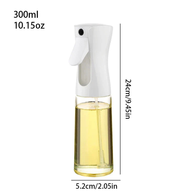 Oil Sprayer - White oil spray bottle with 300ml capacity, showing height and width measurements, partially filled with light yellow oil