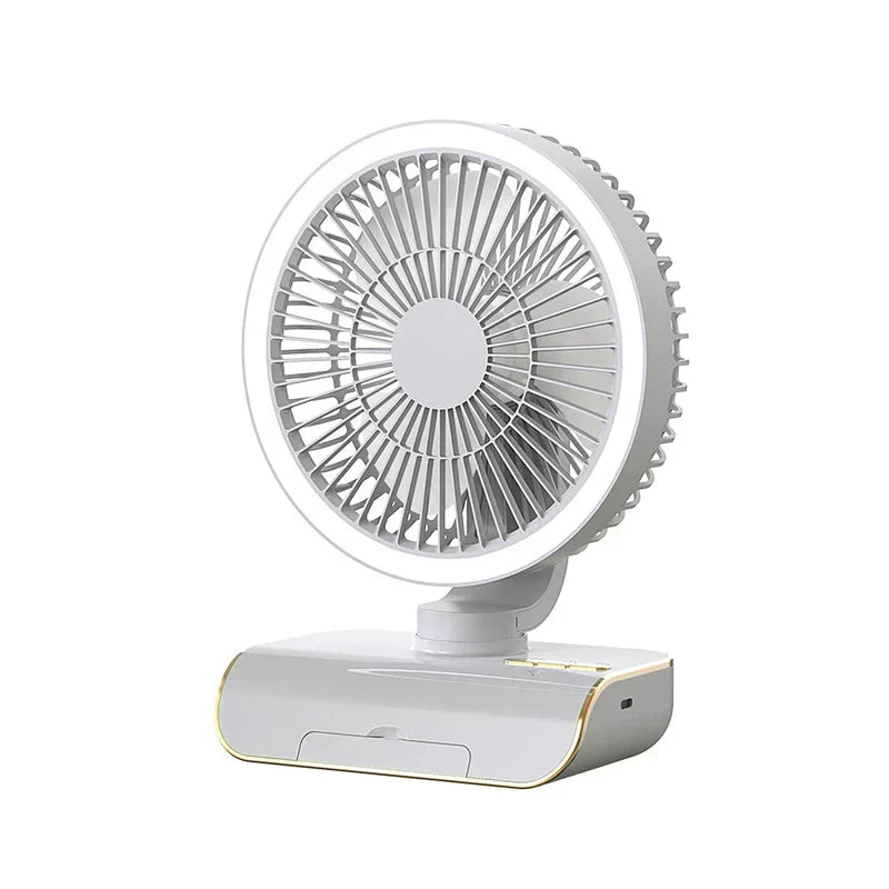Table Fan - Light gray desktop fan with gold accent trim, shown upright on a plain white background
