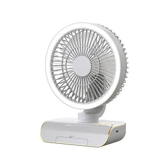Table Fan - Light gray desktop fan with gold accent trim, shown upright on a plain white background