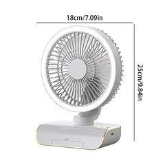 Table Fan - White and gold desktop fan with size dimensions labeled above and to the right