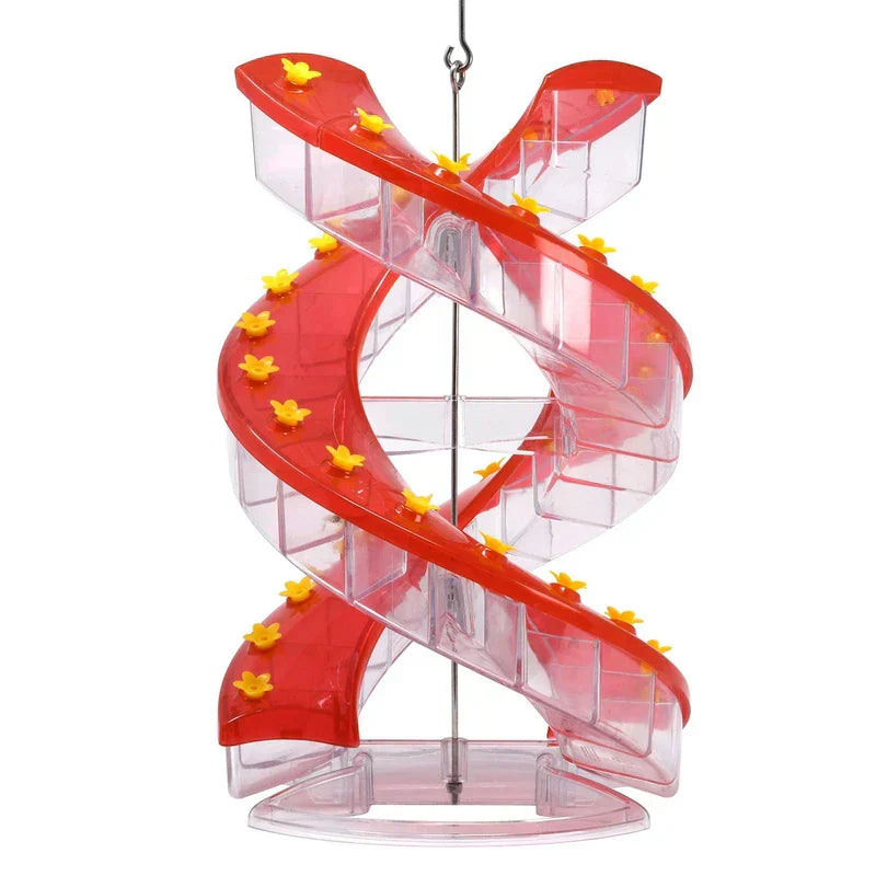 Hanging Bird Feeder - Spiral red and clear plastic feeder with yellow flower feeding ports and metal hanging hook