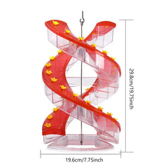 Hanging Bird Feeder - Spiral red and clear plastic hanging hummingbird feeder with dimension lines showing height and width measurements.