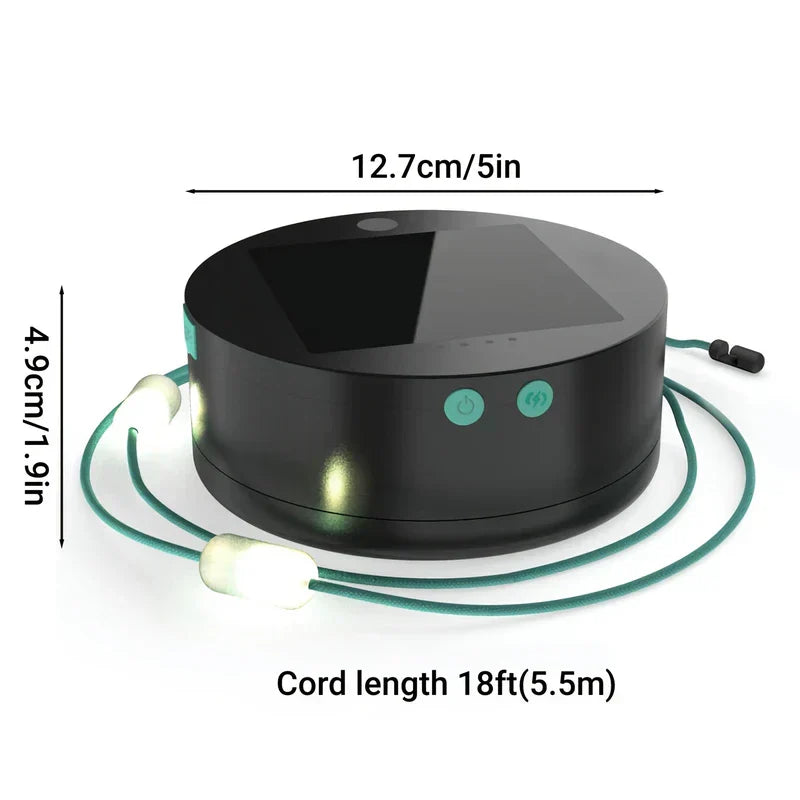 Led Strip Lights - Black round string light case with outstretched lit cord, showing dimensions