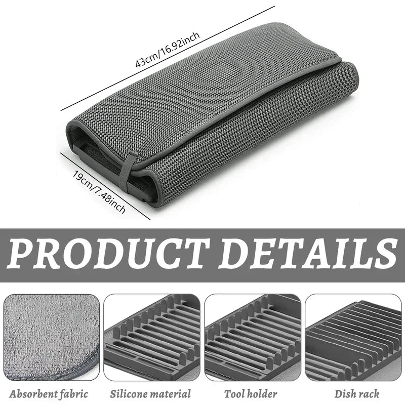 Folded gray mat with silicone rack inserts; product details show absorbent fabric, silicone, tool slots, and dish rack sections. The over sink dish rack is visible in detail cutouts.