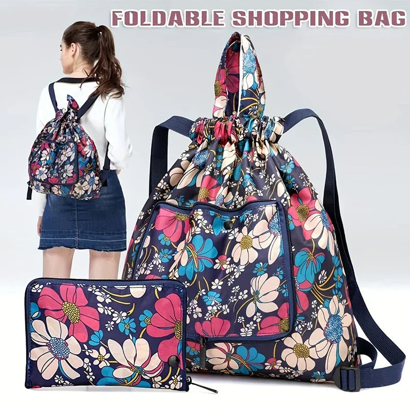 Travel Backpack - Foldable floral shopping bag set, shown with a model wearing the backpack on her back