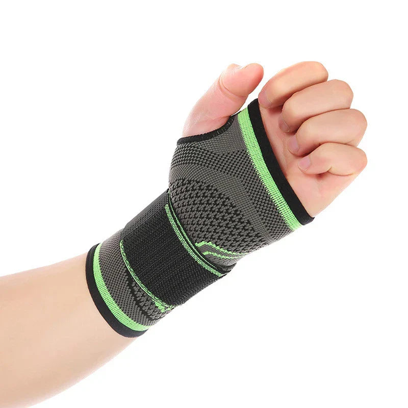 Padded Weightlifting Workout Gloves Palm Protection - Close-up of fitted black and green knit wrist support worn on a clenched fist