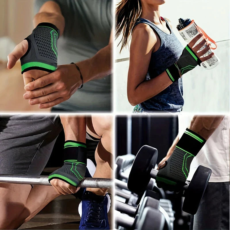 Padded Weightlifting Workout Gloves Palm Protection - Four-panel collage showing the wrist brace worn on wrists during weightlifting, holding a water bottle, and other activities