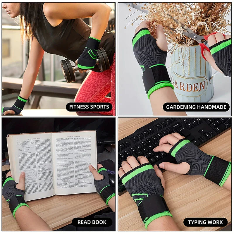 Padded Weightlifting Workout Gloves Palm Protection - Four-panel collage showing the wrist brace in use: lifting dumbbells, gardening, reading, and typing on a keyboard