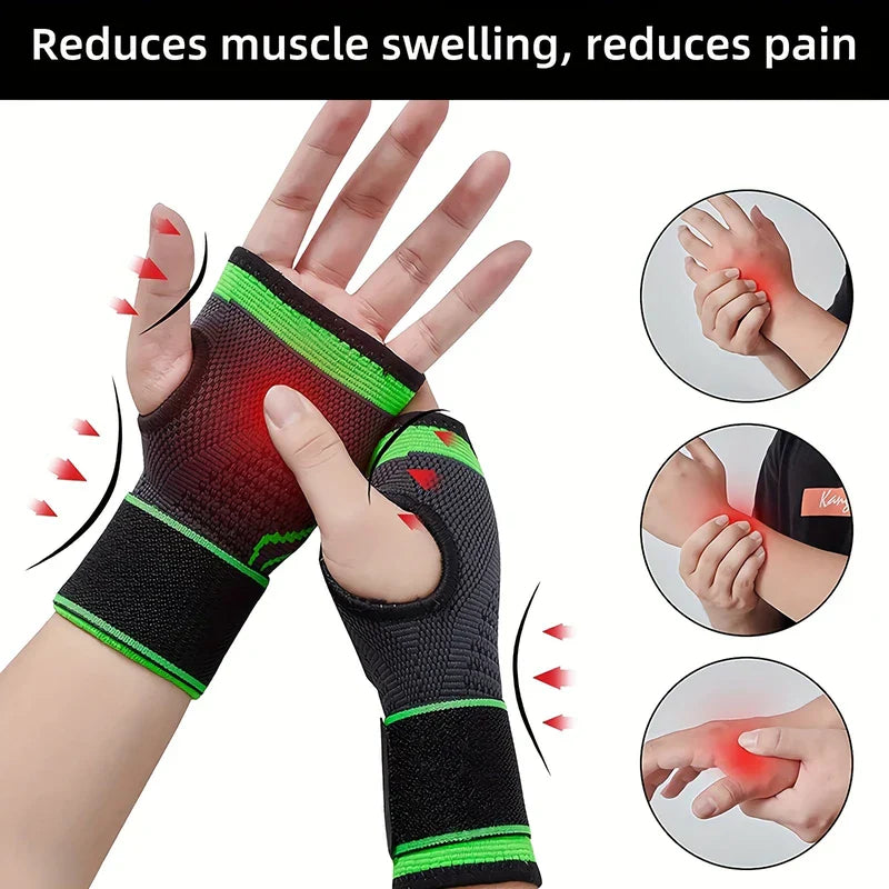 Padded Weightlifting Workout Gloves Palm Protection - Hands wearing black and green knit wrist braces with thumb cutouts; inset circles show hands gripping painful red wrist areas.