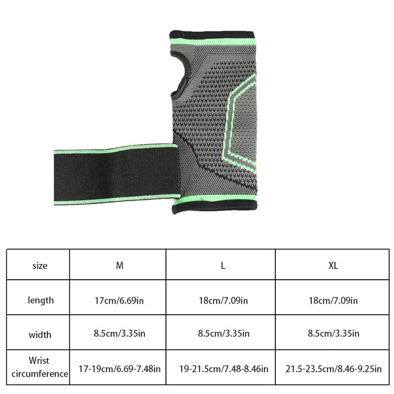 Compression Glove - Wrist brace with green accents, shown with its size chart listing M, L, XL measurements including length, width, and wrist circumference.