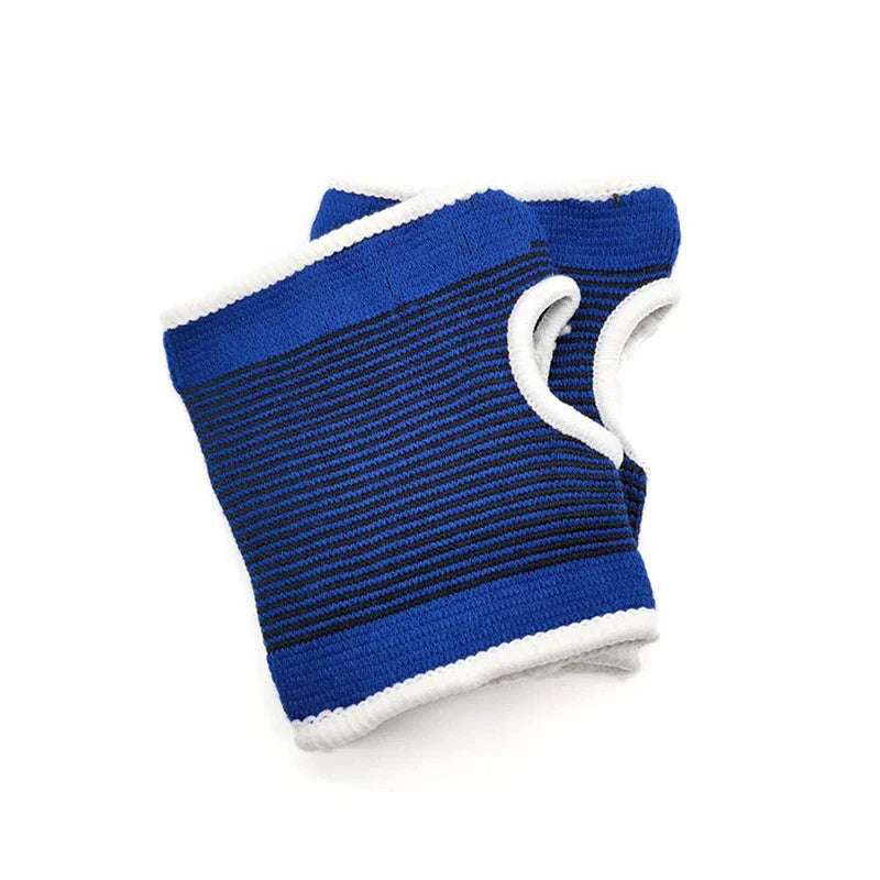 Palm Hand Brace Support Glove - Pair of blue elastic wrist and palm supports with white trim, stacked on a white background