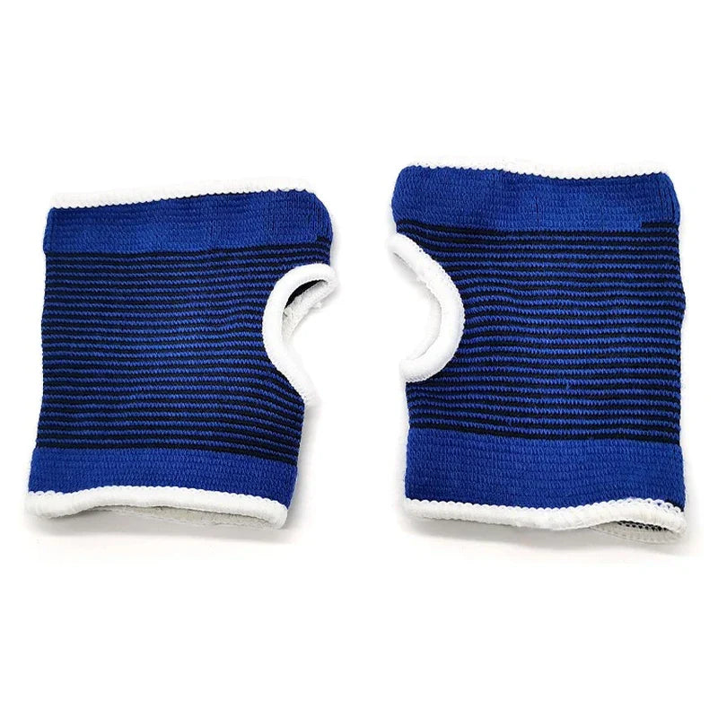 Palm Hand Brace Support Glove - Pair of blue elastic palm and wrist supports laid flat side by side on a white background