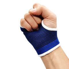 Palm Hand Brace Support Glove - Fisted hand wearing a blue striped knit wrist support with white trim