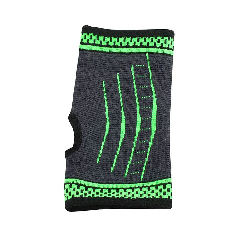Palm Hand Brace Support Glove - Charcoal gray knit wrist and palm sleeve with bright green accent stitching, thumb cutout, and black trim edges