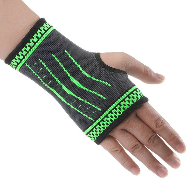 Palm Hand Brace Support Glove - Knit compression sleeve worn on an open left hand, showing fit across wrist and palm with exposed thumb and fingers