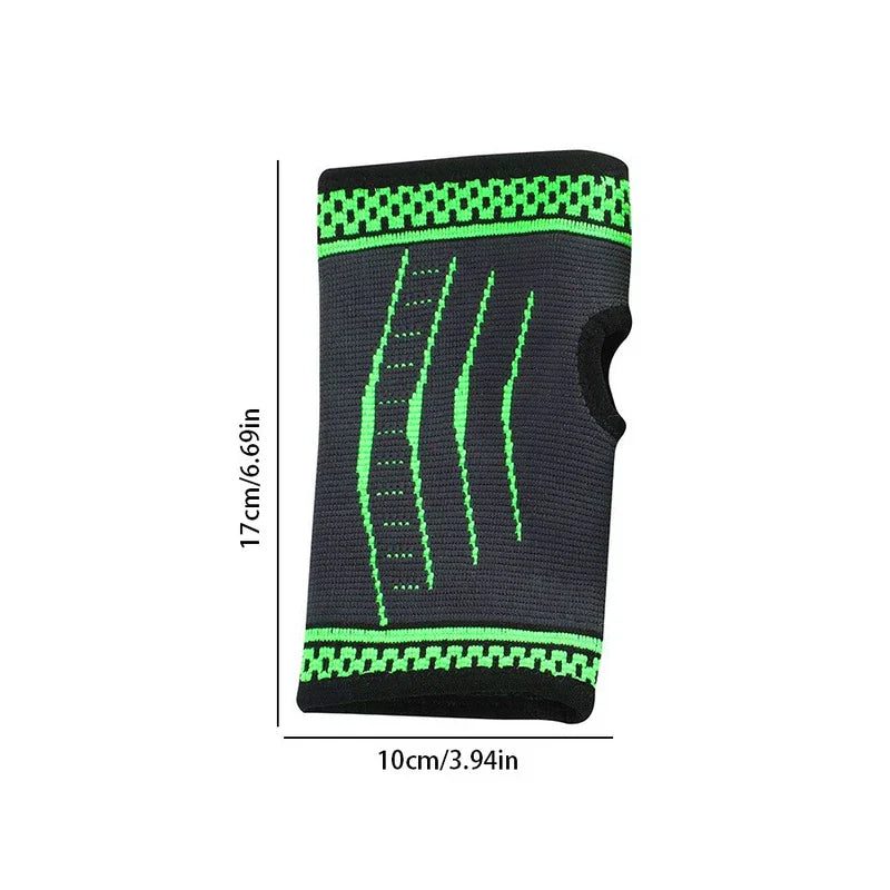 Palm Hand Brace Support Glove - Black and green knit wrist support with thumb opening, showing length 17cm and width 10cm dimensions.
