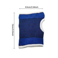 Palm Hand Brace Support Glove - Blue striped knit wrist support laid flat, showing 8.5cm width and 13cm length dimensions