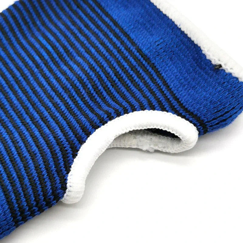 Palm Hand Brace Support Glove - Close-up partial view of blue black striped knit hand support with white bound edges