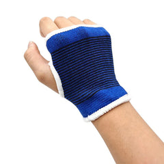 Palm Hand Brace Support Glove - Hand wearing blue black striped knit hand support on white background