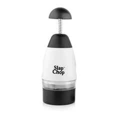 Garlic Mincer - White and black palm press chopper with spring-loaded top, displayed against a plain white background