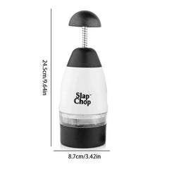 Garlic Mincer - Manual food chopper against a white background, with dimension labels showing its height and width.