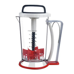 Pancake Batter Dispenser - Clear plastic kitchen dispenser with measurement markings, internal mixing mechanism, top handle and side trigger lever