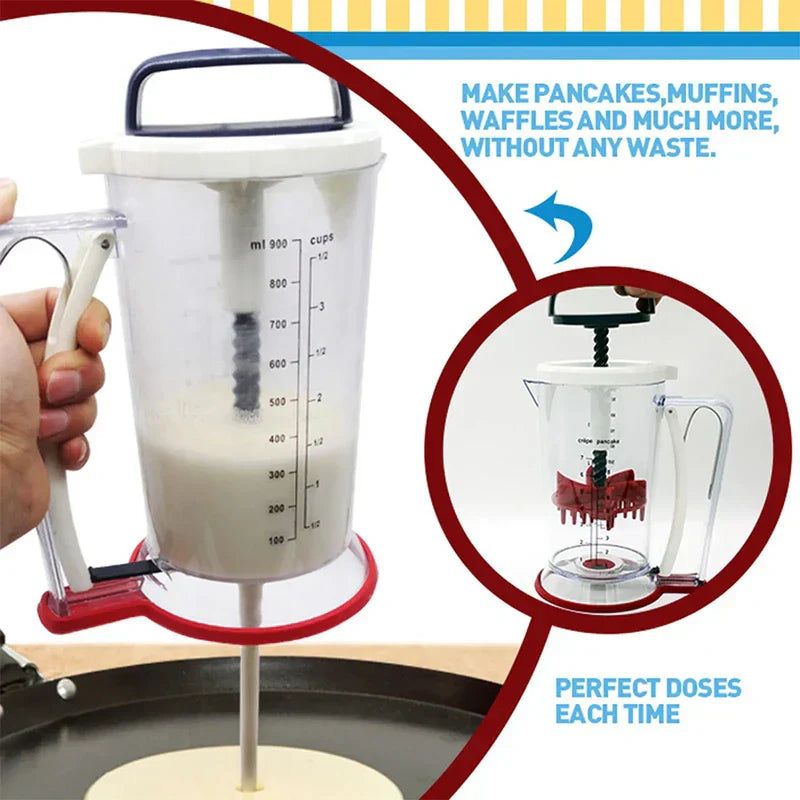 Pancake Batter Dispenser - Dispenser dispensing batter onto a griddle, with inset showing internal mixing component and portion control callouts