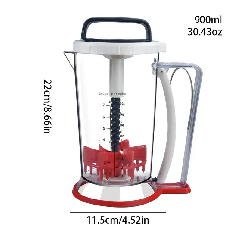 Pancake Batter Dispenser - Clear plastic 900ml batter dispenser with measurement markings, side handle, top carry handle, and red base, showing full dimensions.