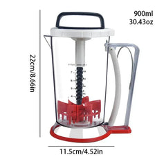 Pancake Batter Dispenser - Clear plastic 900ml batter dispenser with measurement markings, side handle, top carry handle, and red base, showing full dimensions.