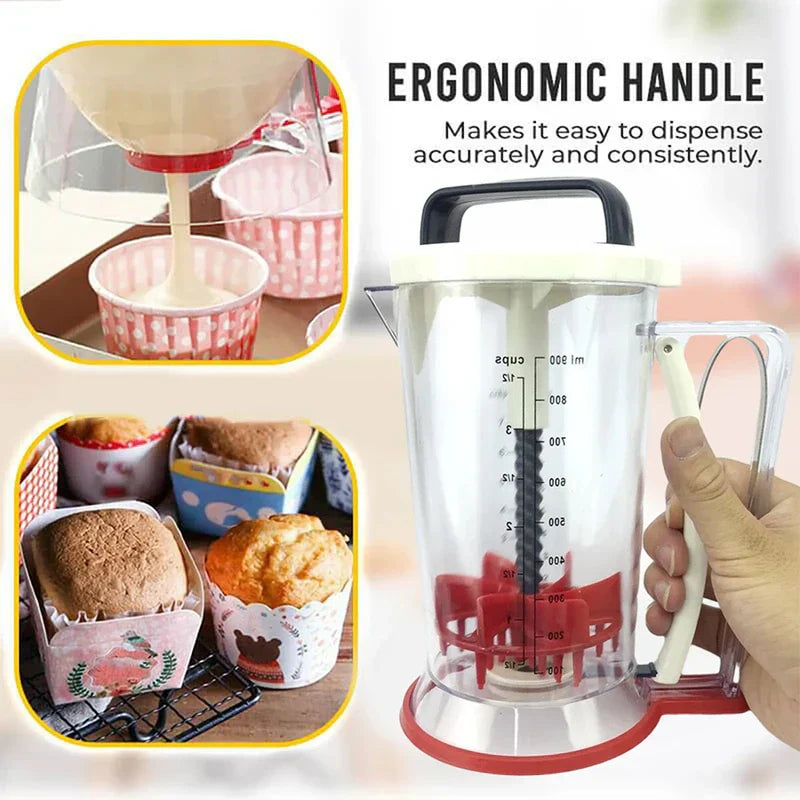 Pancake Batter Dispenser - Hand holding the batter dispenser, dispensing batter into a cupcake liner; two inset photos show filled baked cupcakes.