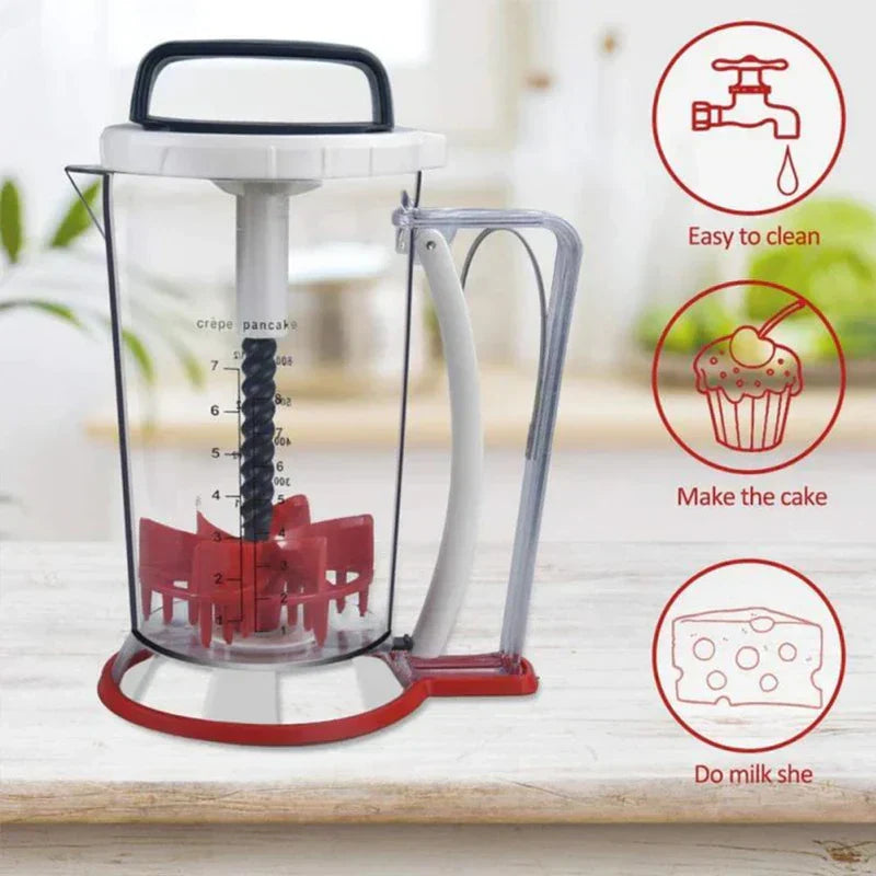 Dispensador de masa para panqueques: dispensador de masa transparente con marcas de medición, tres íconos rojos de características a su derecha sobre una mesa blanca