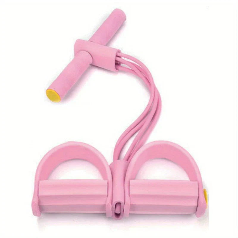 Resistance Band Exerciser - Light pink fitness tool with T-shaped foam handle, four elastic tubes, and two textured foot loops
