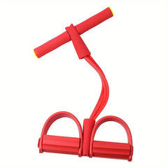 Resistance Band Exerciser - Red foot pedal resistance exerciser with curved elastic tubes, foam-covered handle and plastic foot rests