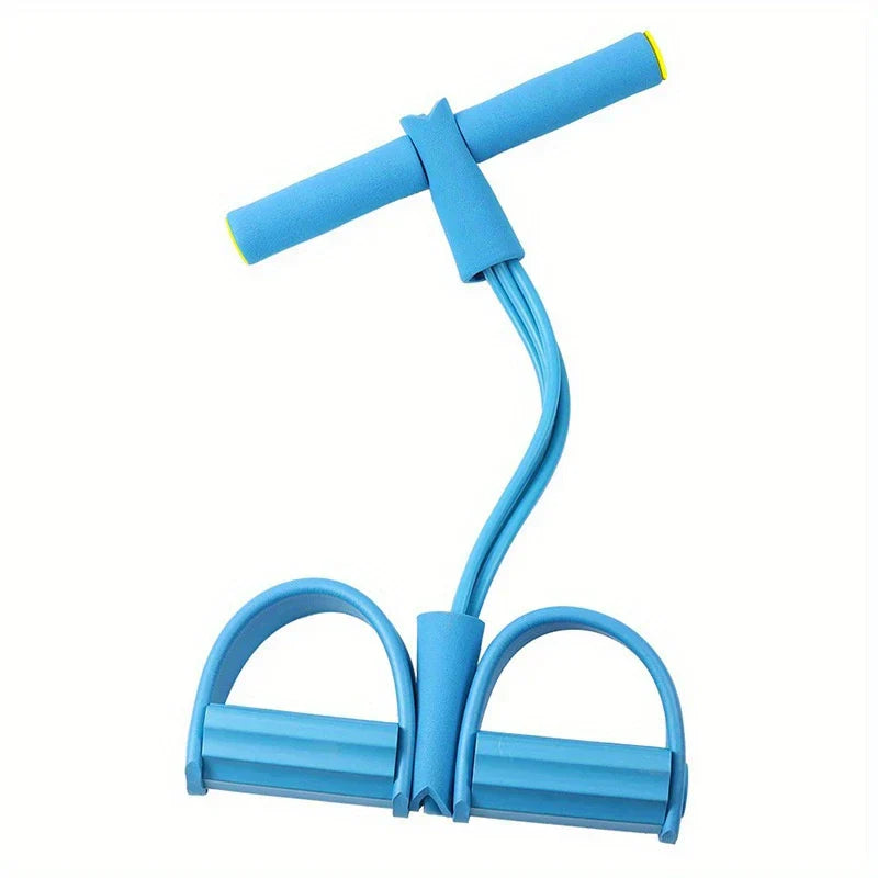 Resistance Band Exerciser - Blue T-shaped pedal resistance puller with foam handles, foot loops, and connected elastic cords.