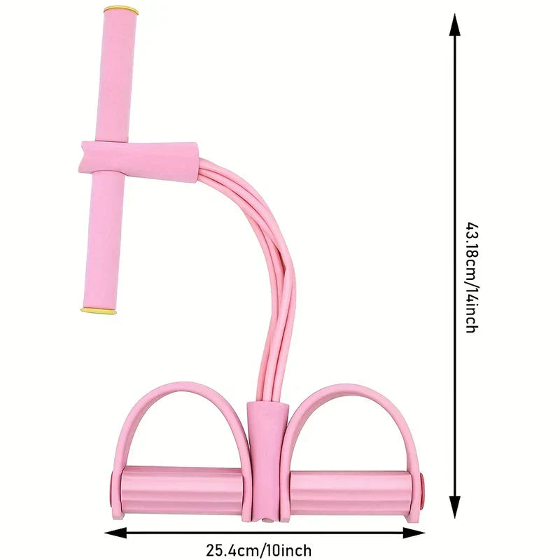 Resistance Band Exerciser - Pink fitness tool with dimension labels showing 14 inch total length and 10 inch width across foot loops