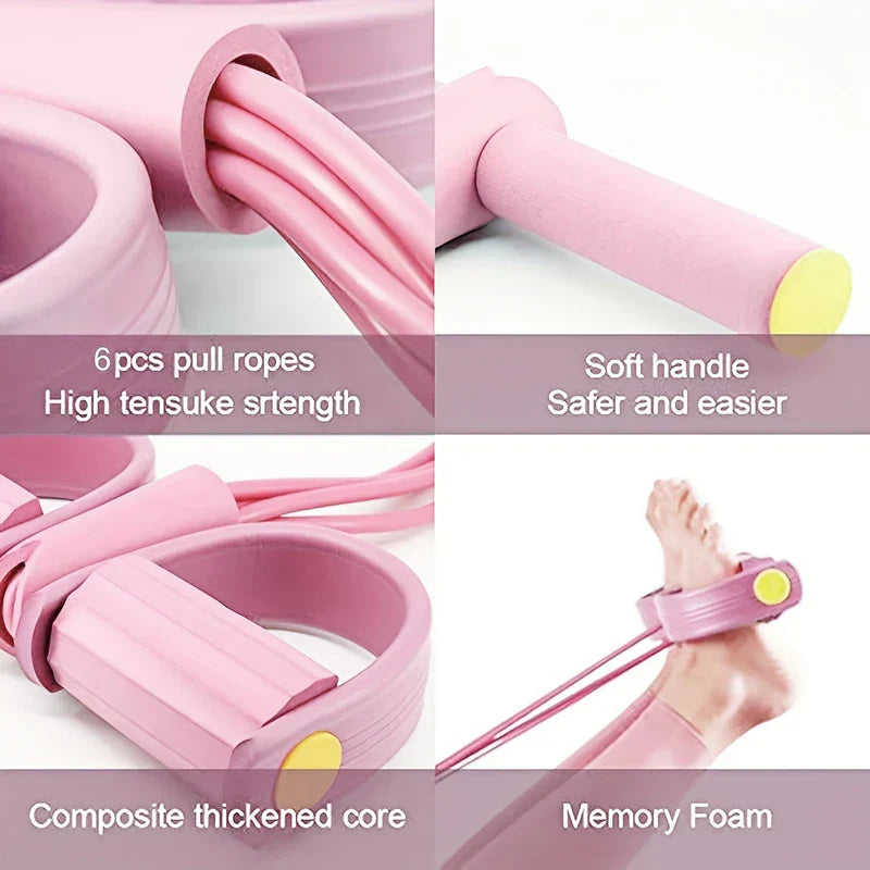 Resistance Band Exerciser - 4-panel close-up of a pink fitness pedal resistance tool, showing its ropes, handles, foot straps, and foam padding.