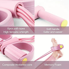 Resistance Band Exerciser - 4-panel close-up of a pink fitness pedal resistance tool, showing its ropes, handles, foot straps, and foam padding.