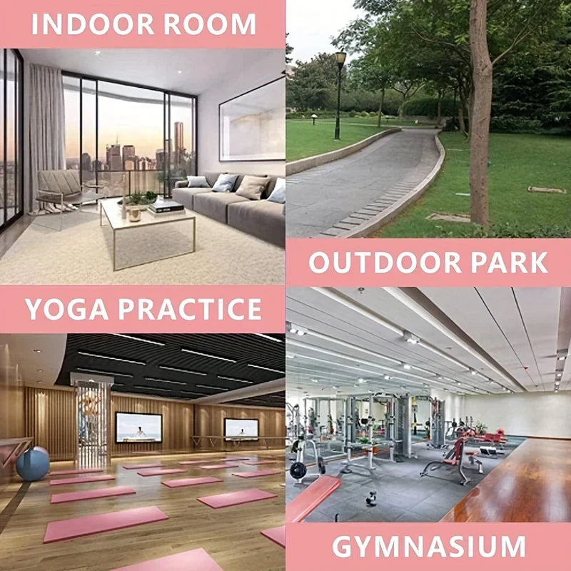 Resistance Band Exerciser - 4-panel collage showing four locations: living room, park, yoga studio, and gym.