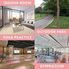 Resistance Band Exerciser - 4-panel collage showing four locations: living room, park, yoga studio, and gym.