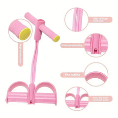 Resistance Band Exerciser - Pink foot pedal resistance exerciser with close-up detail callouts showing component sections